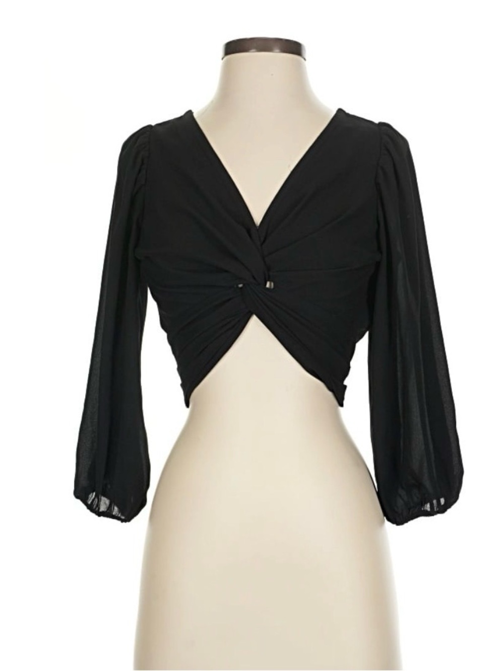 Abercrombie & Fitch Black Twist-Front V-Neck Blouse with Puff Sleeves
